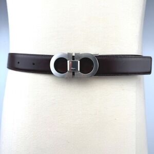 SALVATORE FERRAGAMO Reversible Gancini Mens Black Brown Silver Buckle Belt 33in